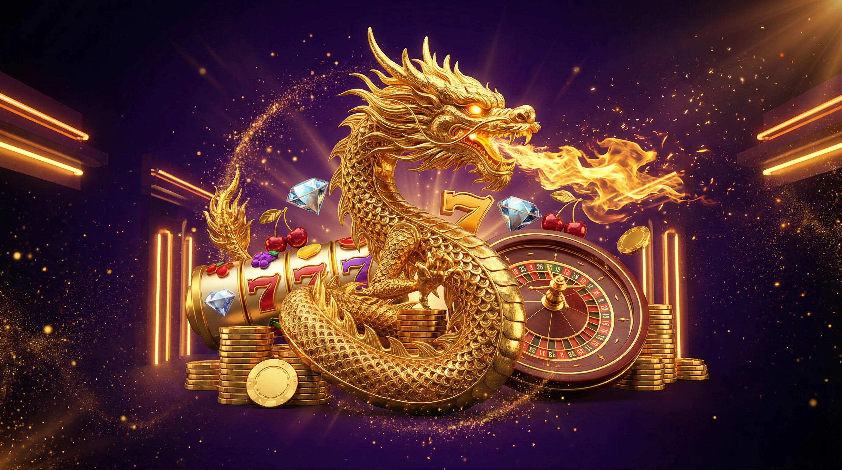 Dragón dorado majestuoso con elementos de casino premium - tragamonedas, ruleta y fichas de oro