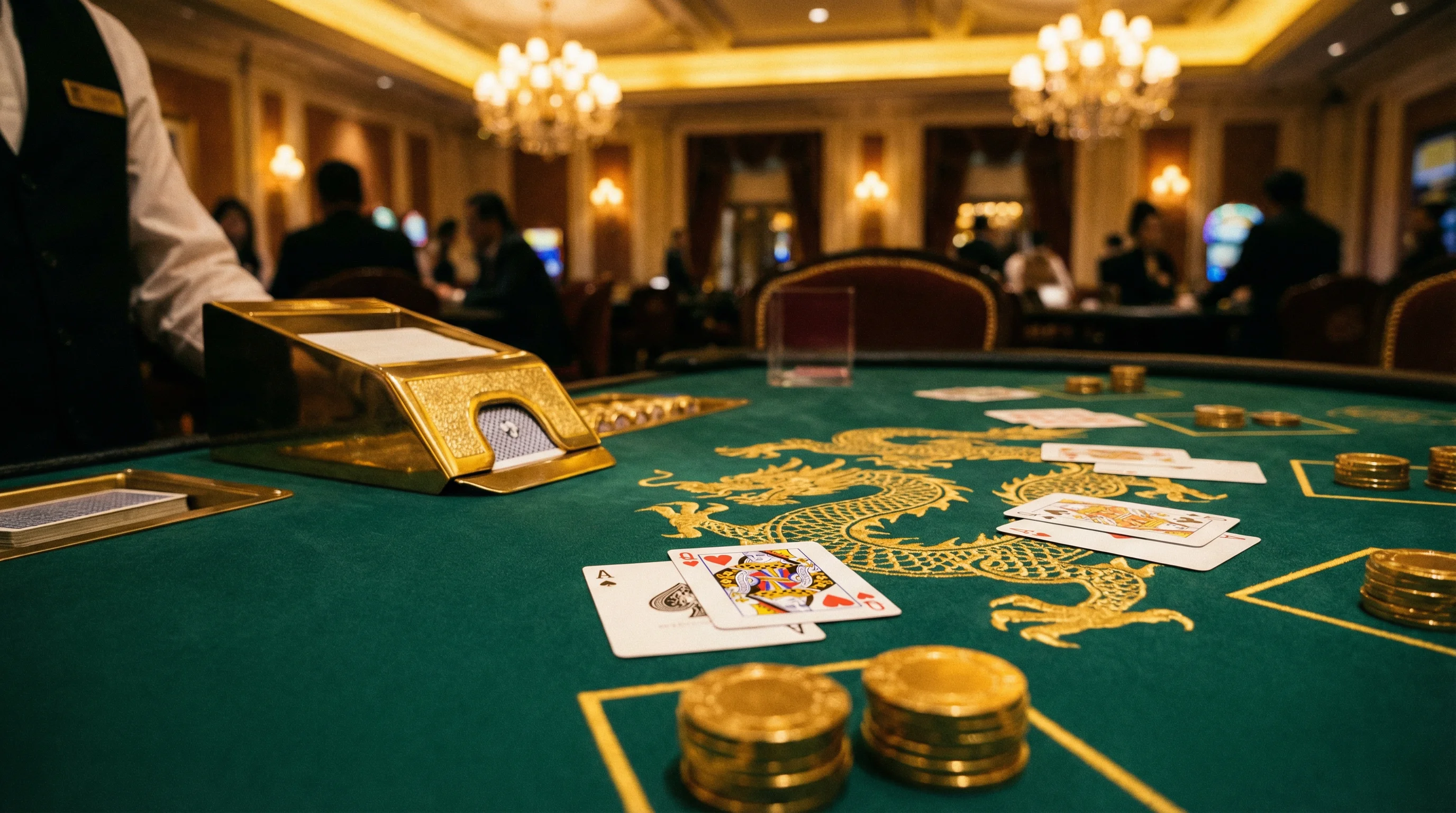 Mesa de blackjack VIP con fichas doradas y cartas ganadoras