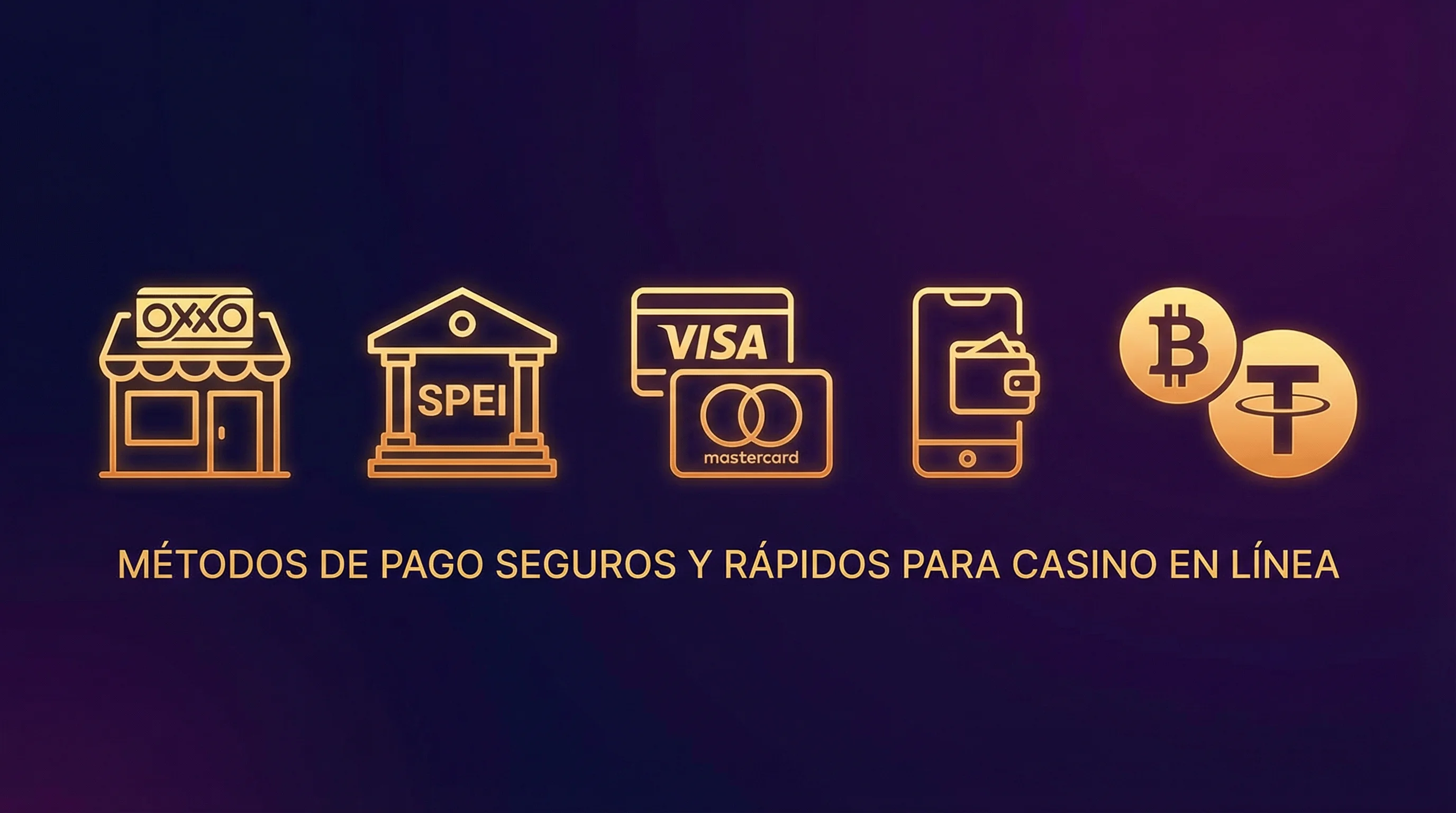 Iconos de métodos de pago: OXXO, SPEI, Visa, Mastercard, Bitcoin y USDT