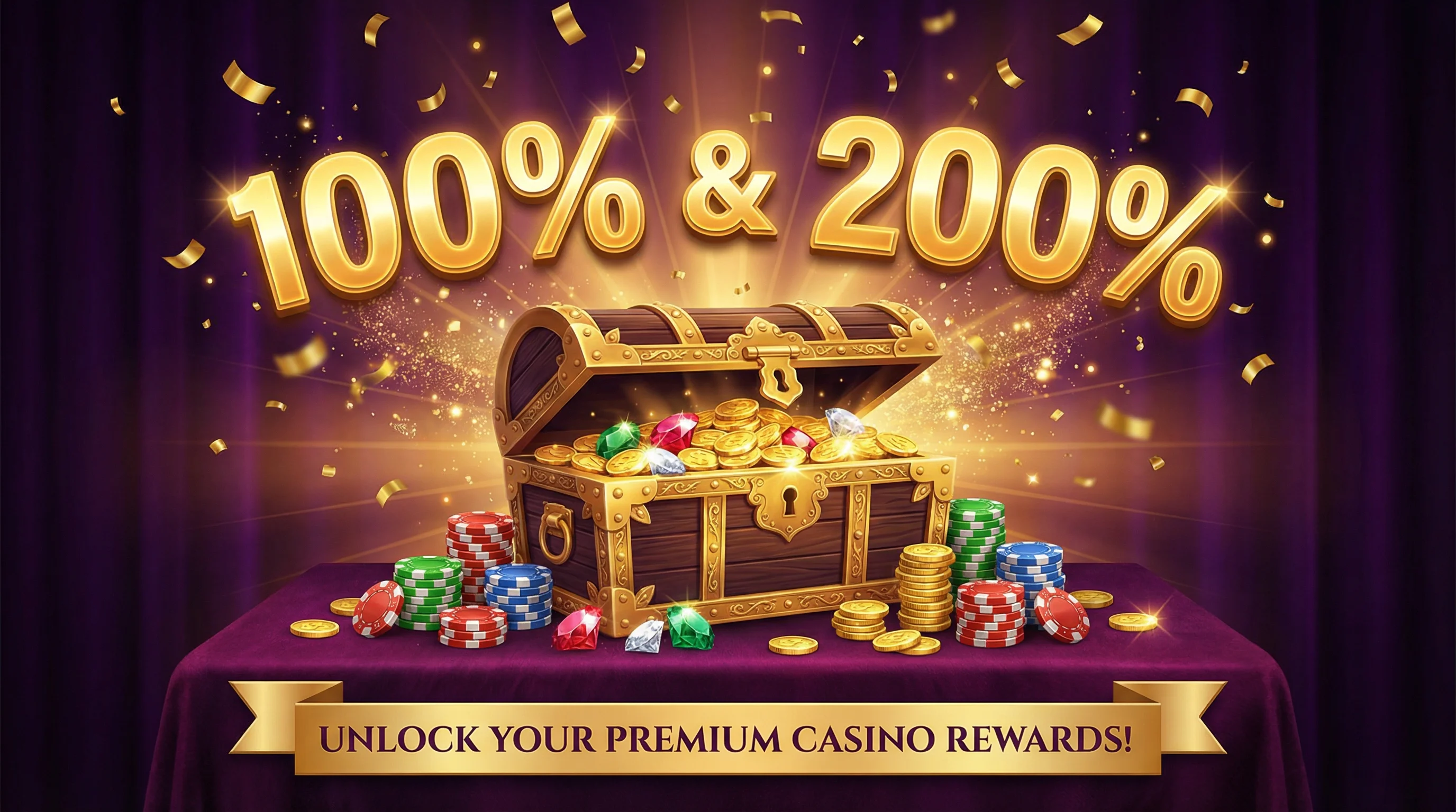 Cofre del tesoro con monedas de oro y bonos de casino del 100% y 200%