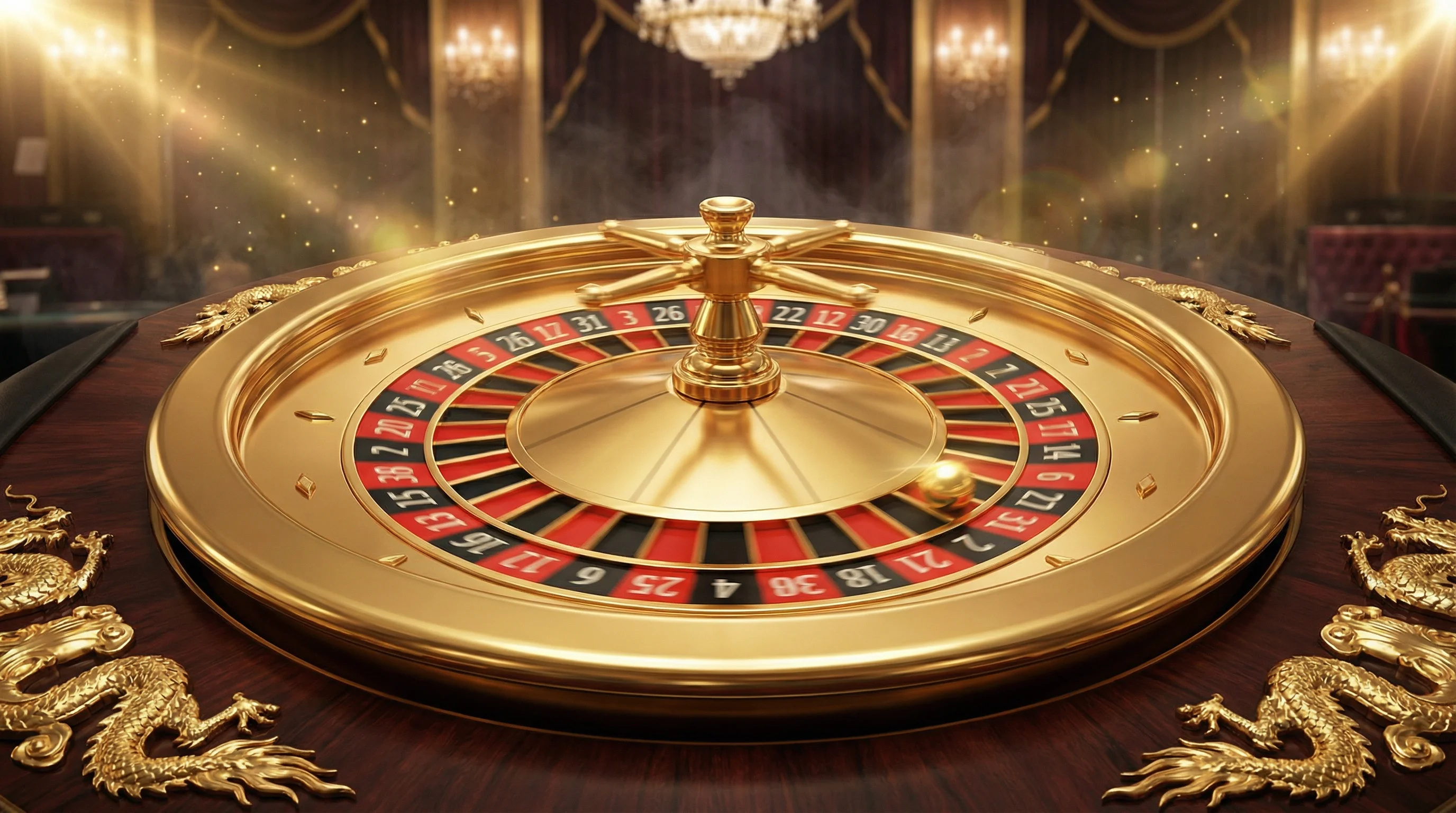 Ruleta dorada premium con detalles de dragón y bola en movimiento