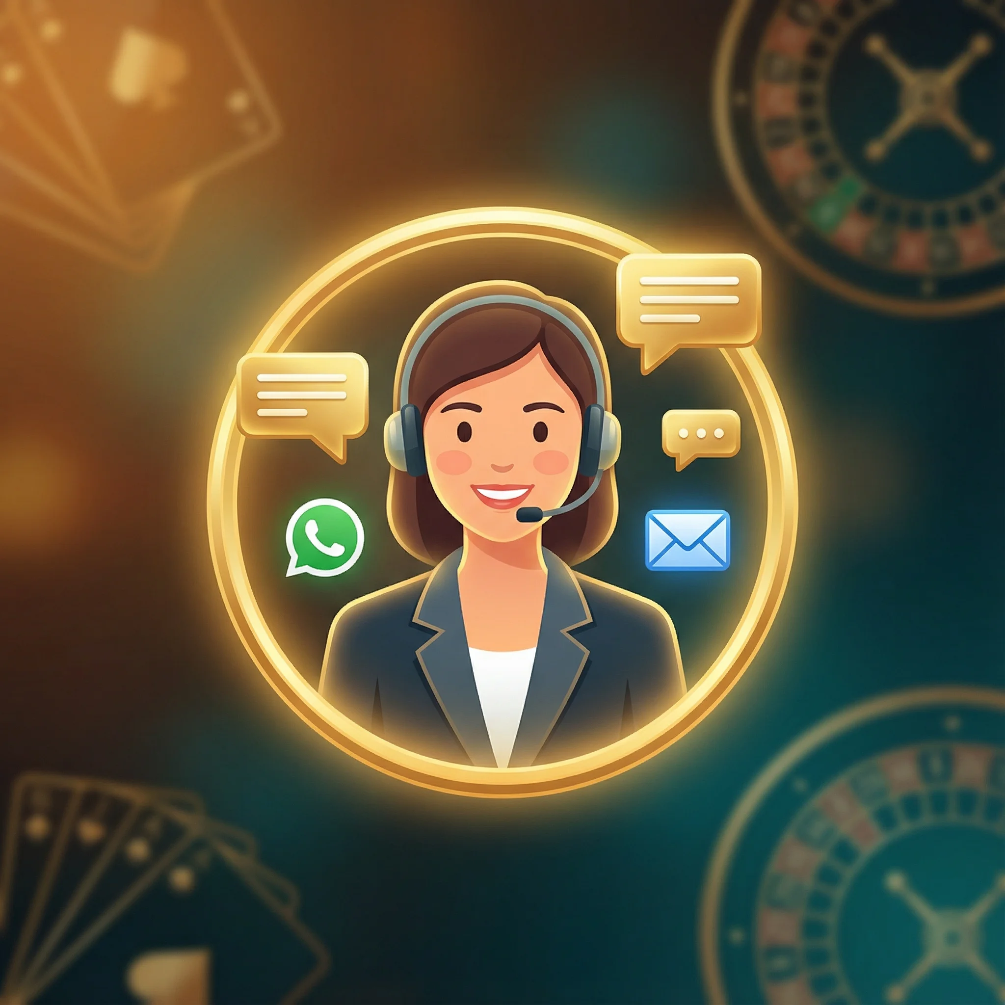Agente de soporte al cliente con auriculares y iconos de WhatsApp y correo